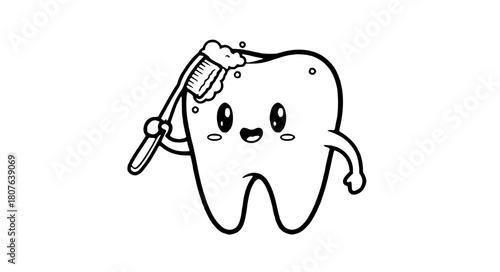 Cute tooth character brushing with toothpaste, dental health illustration for kids