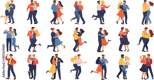 Stylized illustrations of dancing couples in various poses showcasing movement, rhythm, joy, and human connection on white background.