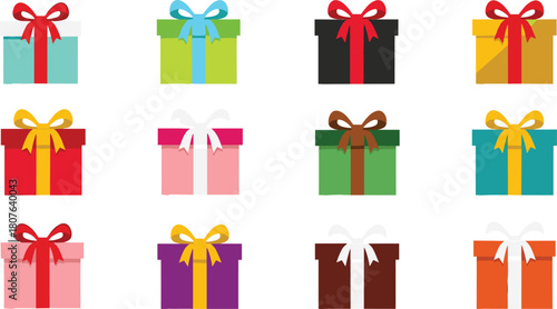 Twelve colorful gift boxes with ribbons in grid layout, festive vector illustration for packaging, celebration, and holiday themes.