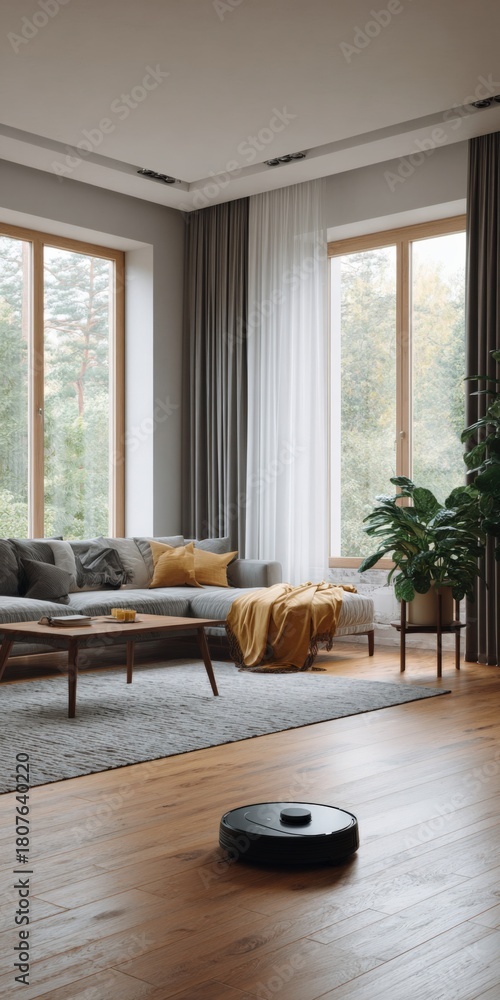 Fototapeta premium Minimalist living room with automated vacuum and large windows overlooking nature