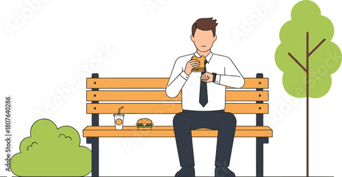Businessman Eating Lunch on Park Bench, Looking at Watch. Office Worker Having Fast Food Break Outdoors. Time Management and Relaxation Vector.