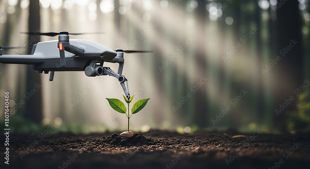 Naklejka premium Drone with robotic arm cultivating a young plant in rich soil amidst a sunny forest
