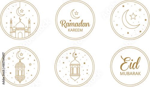 Ramadan Kareem and Eid Mubarak Line Art Badges. Set of Islamic Holiday Labels with Mosque, Crescent, Star, and Lantern Icons Vector.