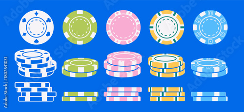 Vector illustration of a poker chip set with different designs and denominations. Chips in stacks, flat style, colorful and modern for casino, poker, and gambling projects.