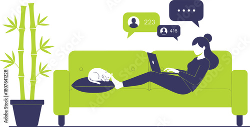 Relaxed person on couch with laptop, chatting online, accompanied by sleeping cat and social media notifications in modern home.