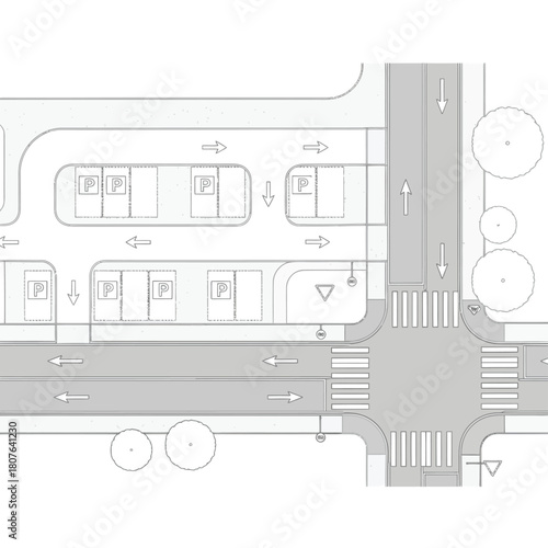 Aerial view of a city intersection with parking and traffic flow