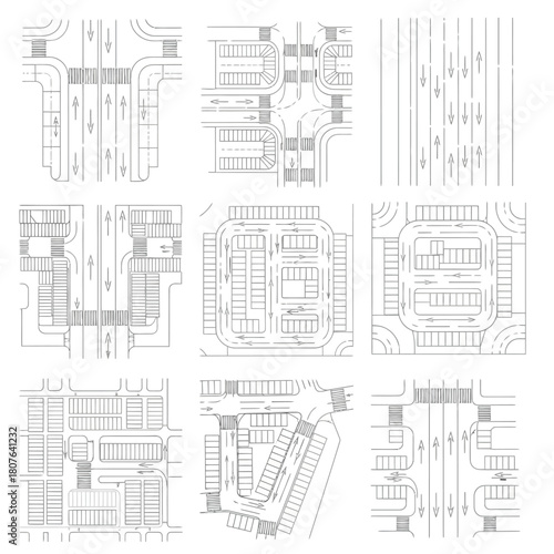 Aerial View Line Drawings of Road Intersections and Parking Lots