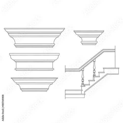 Architectural Elements Staircase and Moldings Line Drawing