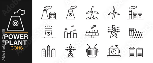 Clean Outline Icons of Power Plants, Energy Sources, and Industrial Facilities