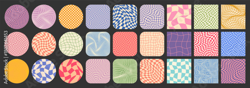 Groovy checkered pattern, colorful tiled grid. Vintage wavy curved backdrop, distortion effect. Funky geometric chessboard texture, retro background in 90s style, y2k. Vector illustration