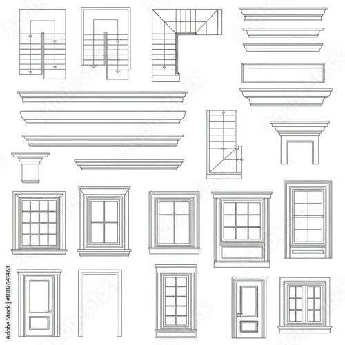 Architectural Elements Line Drawings Including Stairs Windows and Doors
