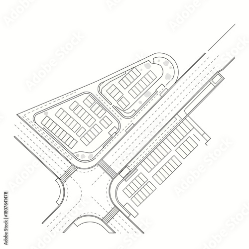 Architectural plan of a road intersection with parking areas
