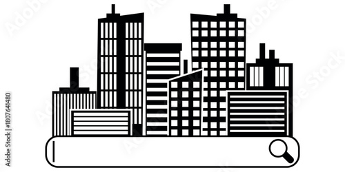 Modern city  background. Black-White silhouette.  Urban skyscrapers.  Vector Illustration for Poster, Banner, Printout, Screen.2D line object evening cityscape. Monochromatic spot illustration

