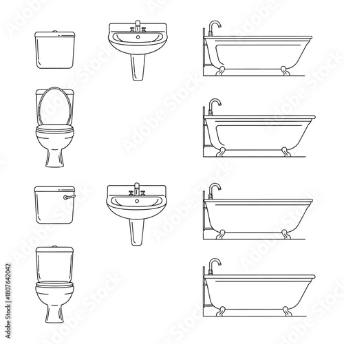 Bathroom Fixture Line Drawings Set Keywords: toilet, urinal, sink, basin, bathtub, clawfoot tub