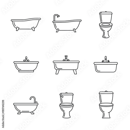 Bathroom fixtures line art icons bathtub toilet