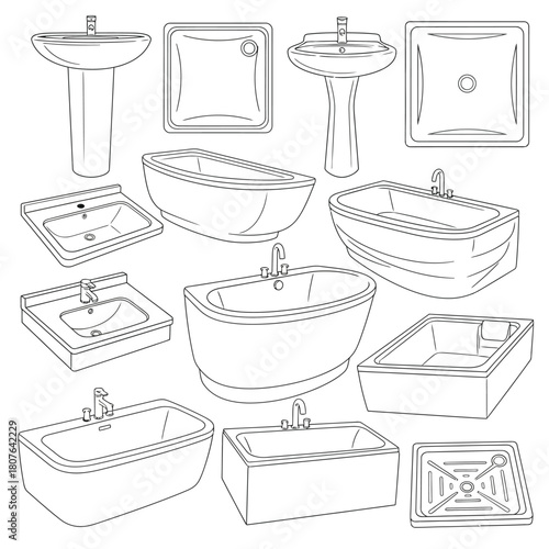 Bathroom Fixtures Line Drawings Collection Keywords: sink, bathtub, basin, pedestal sink, shower