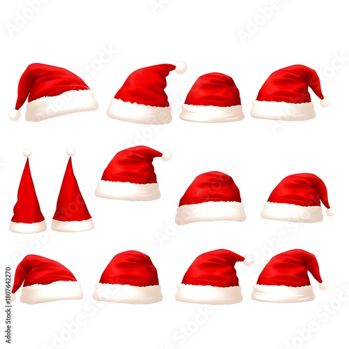 santa,hat,christmas,red,white,fur,festive,holiday,xmas,seasonal,winter,vector,illustration,icon,design,set,collection,cartoon,classic,fluffy,trim,cosy,warm,soft,fashion,accessory,decor,element,graphic