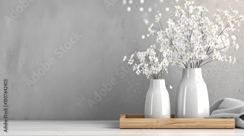 Two white vases with delicate white flowers on a wooden tray against a textured wall.