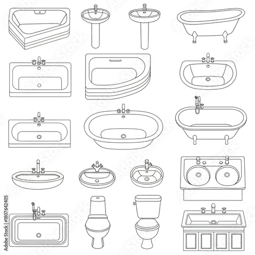 Collection of bathroom fixtures line art sink basin