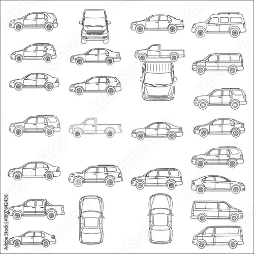 Collection of car outlines from various angles and types