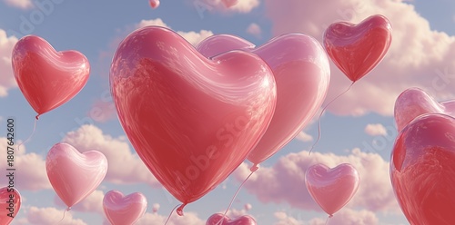Colorful Heart-Shaped Balloons Floating Against a Soft Pink Background for Ce...