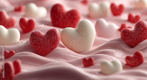 Red and White Heart Shapes on a Pink Surface Create a Romantic Scene for a Ce...