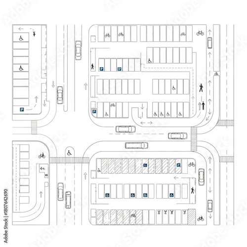 Detailed overhead view of a parking lot and intersection
