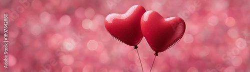 Red Heart Balloons Float Against a Soft Pink Background, Perfect for Celebrat...