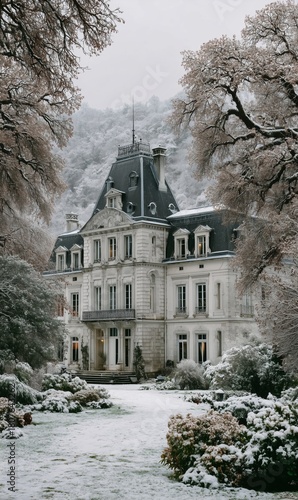 Elegant French Chateau Surrounded by Winter Snow and Trees in a Serene Landscape
