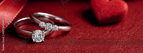 Elegant Diamond Engagement and Wedding Rings on a Red Velvet Surface With a H...