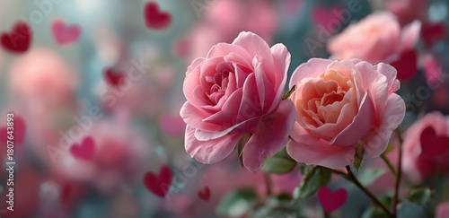 Beautiful Pink Roses Surrounded by Floating Hearts in a Soft, Romantic Setting