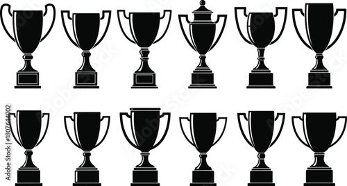 Black trophy silhouette vector set with award icons, sports competition cups, achievement symbols, recognition prizes, and victory celebration graphics