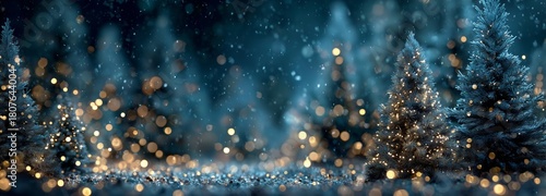 Christmas Tree Branches Sparkling With Snow and Warm Bokeh Lights in a Winter...