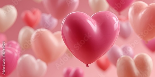 Colorful Heart-Shaped Balloons Floating Against a Soft Pink Background for Ce...