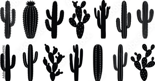 Black cactus silhouette set featuring diverse desert plant shapes, botanical vector icons for nature, flora, succulent, and dry climate themes