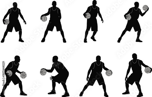 Basketball silhouette players dribbling in dynamic poses with ball control for sport, training, motion, and athletic vector design