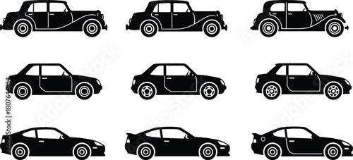 Car silhouettes in vintage, modern, and sports styles showcasing automotive evolution for design, transportation, and engineering themes.