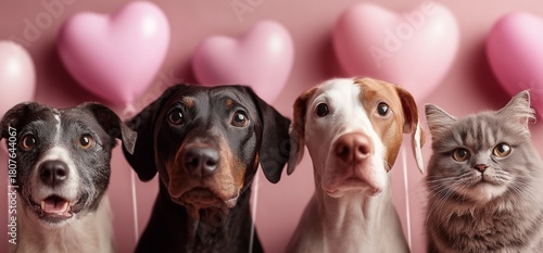 Fun Party With a Dog, Cat, and Puppy Surrounded by Pink Balloons for a Pet Ce...