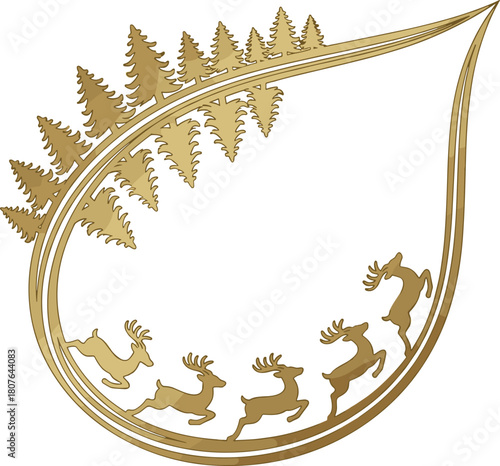 Elegant nature emblem with pine trees and running deer silhouettes in teardrop shape for wildlife, seasonal, and vector design themes.