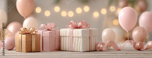 Decorative Gifts and Balloons on a Festive Table With Soft Lighting