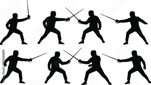 Fencing silhouette athletes in dynamic sword fighting poses with gear, masks, and swords for sport, martial arts, and training design