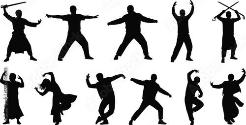 Martial arts and sword pose silhouette vector set with black action figures, dynamic stances, and performance movement icons