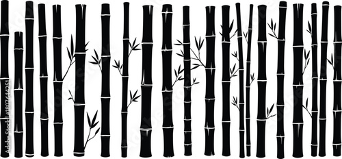 Minimalist bamboo stalk silhouette set with leaves, black vector illustration for nature, zen decor, Asian design, and backgrounds