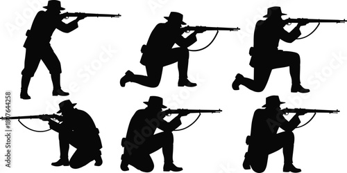 Rifle shooting pose silhouette vector set with black icons of Western-style figures in standing, kneeling, and crouching stances