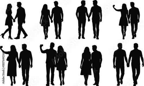 Romantic couple silhouettes in diverse poses including walking, hugging, holding hands, and taking selfies for love and lifestyle themes.