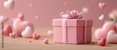 Pink Gift Box Surrounded by Soft Heart Shapes in a Romantic Setting