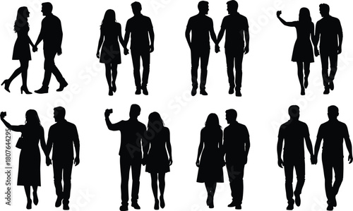Romantic couple silhouettes walking, holding hands, taking selfies, diverse relationships, modern love, inclusive poses, black vector illustration for stock.