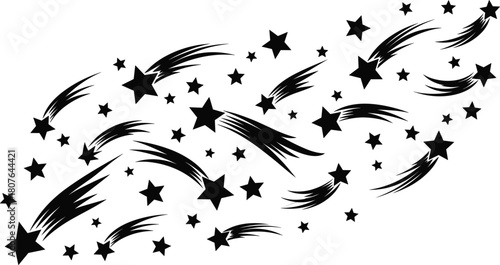 Shooting star and regular star silhouette vector set with black icons, fantasy sky elements, space theme illustration graphics