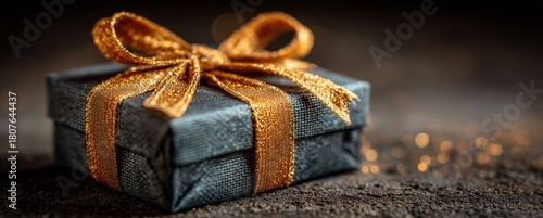 Elegant Gift Box Wrapped With Golden Ribbon on a Dark Surface
