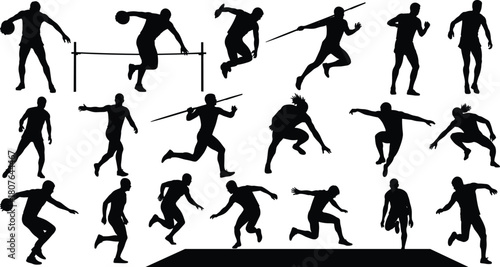 Silhouette set of track and field athletes in action, black vector poses for sports, training, and motion illustration use